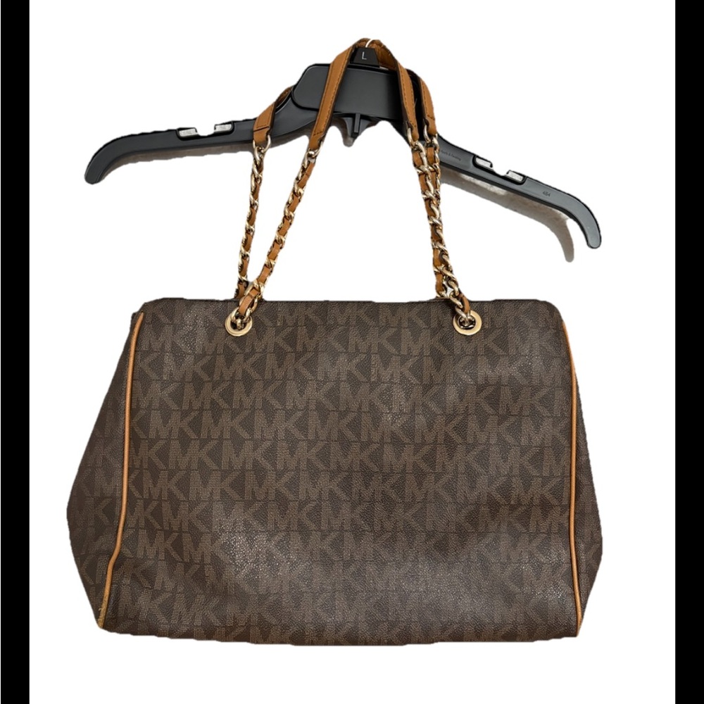 MICHAEL KORS SIGNATURE LOGO LARGE BROWN CHAIN TOTE, normal wear.